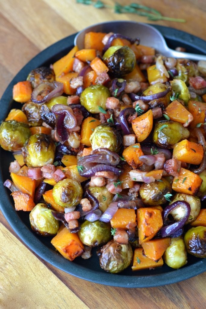 Sheet Pan Roasted Brussels Sprouts Butternut Squash Bacon Red Onion Every Last Bite